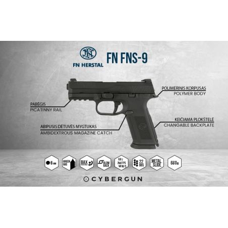 FN FNS-9 GBB Ametlik Airsoft püstol metallist liuguriga